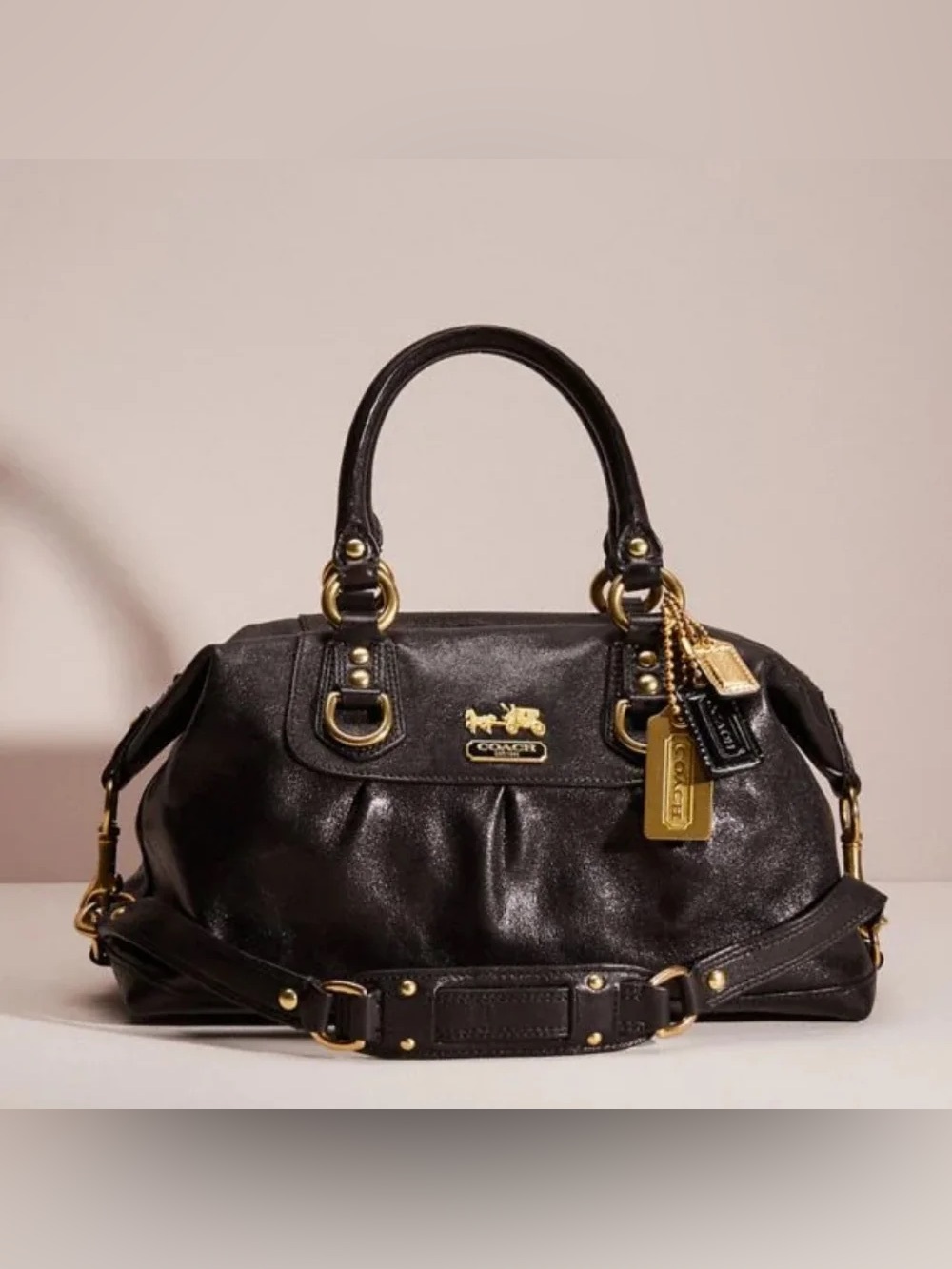 Coach Vintage Madison Sabrina Black Leather Satchel with Gold Accents